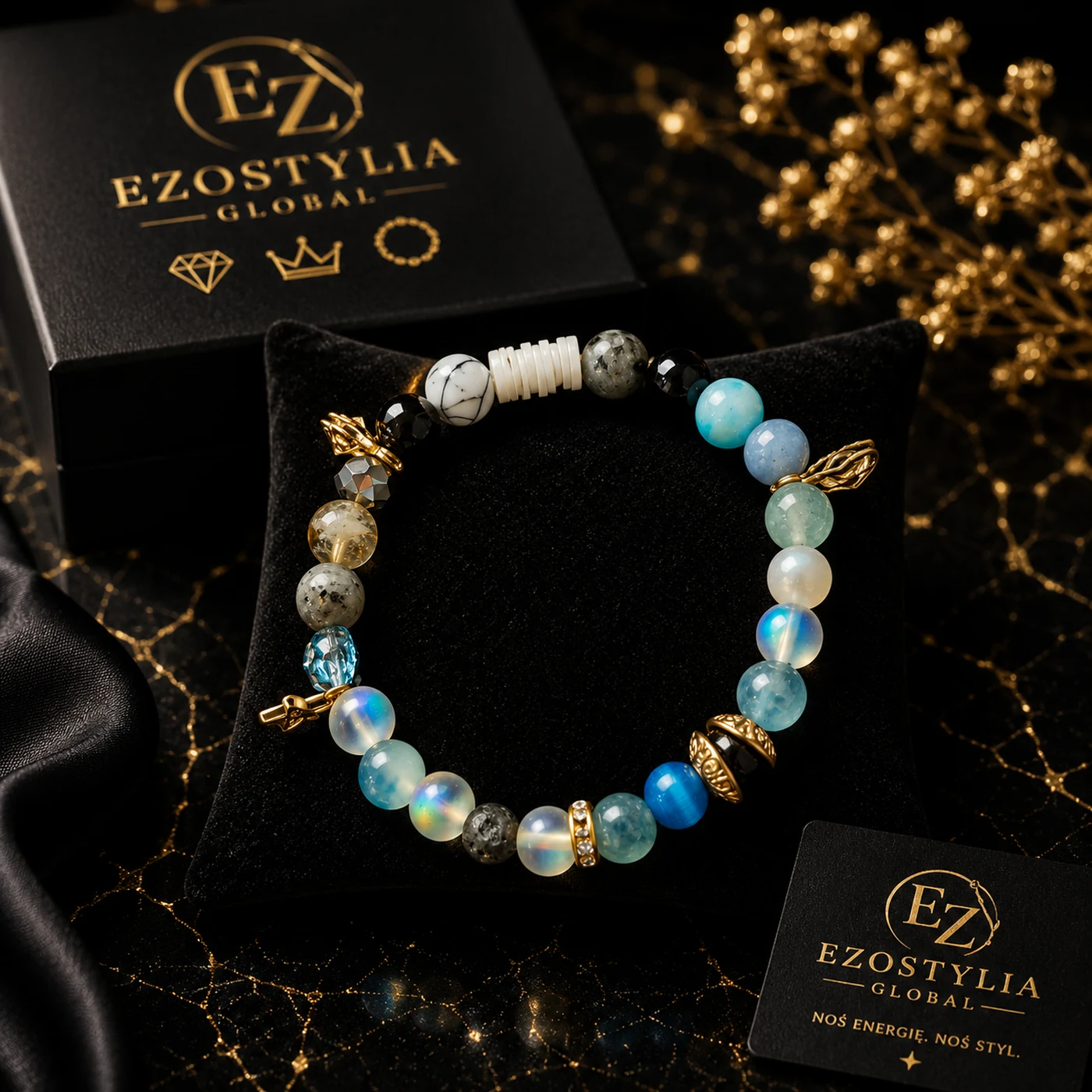 EZOSTYLIA SHOP — luksusowa bransoletka z naturalnych kamieni szlachetnych ze złotymi dodatkami w pudełku prezentowym
